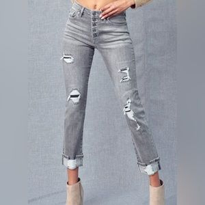High Rise Cuffed Denim - Grey